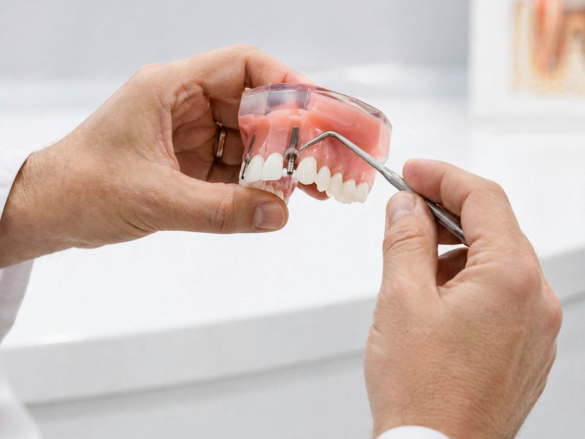 Dentist explaining a dental implant on a jaw model
