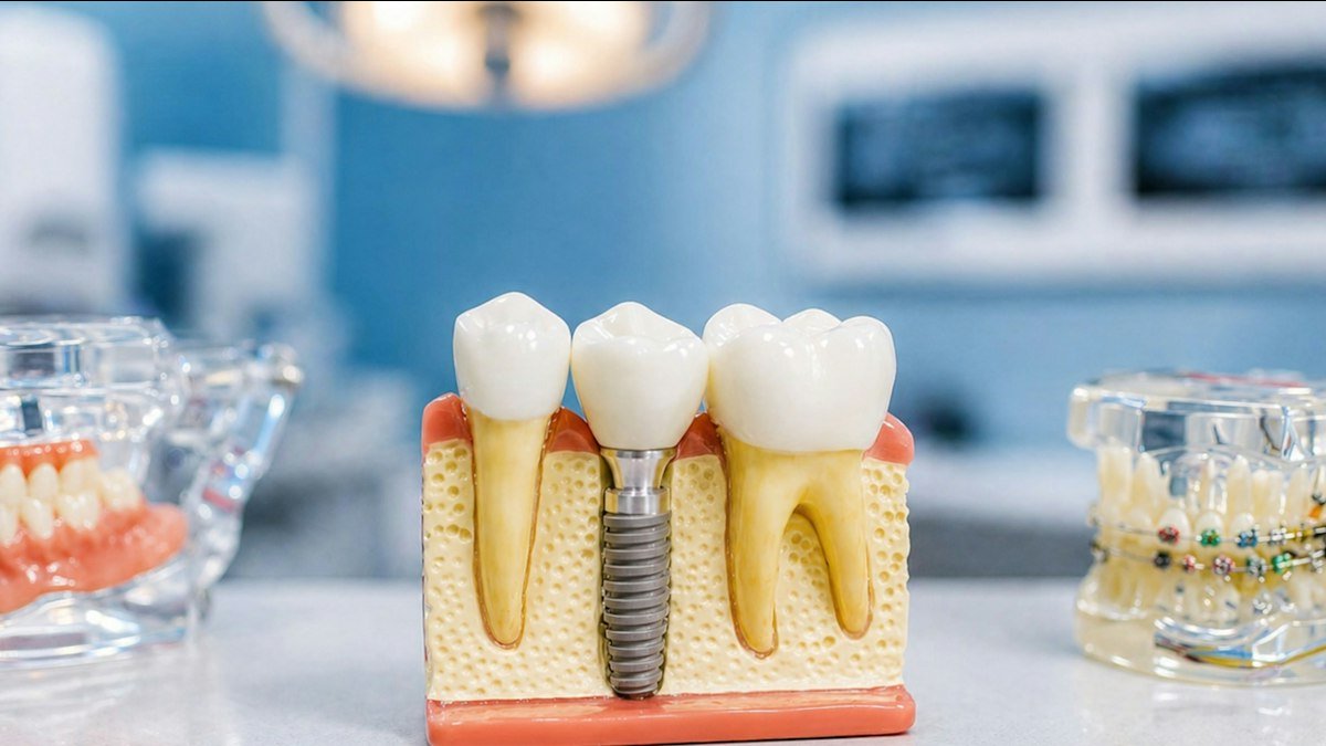 Dental implant model showing the crown, the titanium implant post that replaces the root, and the jawbone